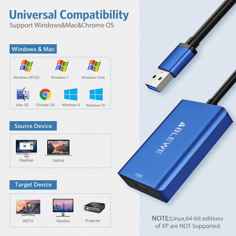 ABLEWE USB to HDMI Adapter, 2023 Upgraded Aluminum USB 3.0/2.0 to HDMI Audio Video Converter for PC Laptop Projector HDTV, Support Mac OS, Windows 10/8.1/8/7, Chrome OS, Blue. (Not Support Linux)