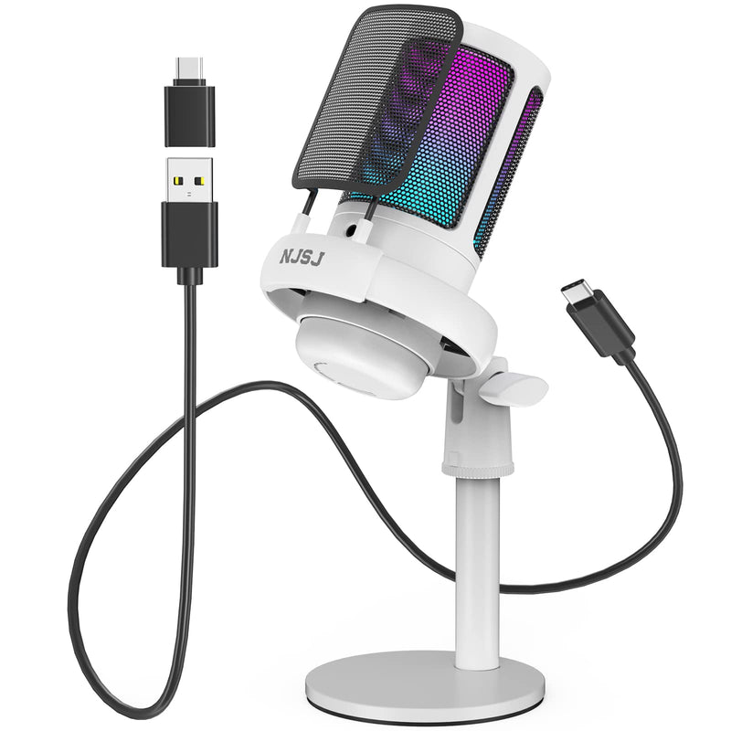 [AUSTRALIA] - NJSJ USB Microphone for PC, Gaming Mic for PS4/ PS5/ Mac/Phone,Condenser Microphone with Touch Mute, RGB Lighting,Gain knob & Monitoring Jack for Streaming,Podcasting (with Desktop Stand, White) With desktop stand 