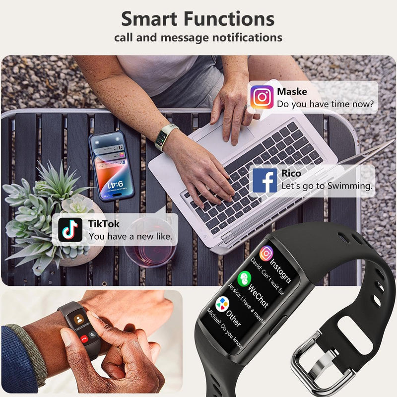 FITVII FINO 2 Slim Fitness Tracker, Smart Watch with Blood Oxygen, Sleep Monitor, 24/7 Heart Rate & Blood Pressure, IP68 Waterproof Health Activity Trackers with Calories Step Counter for Women Men Black