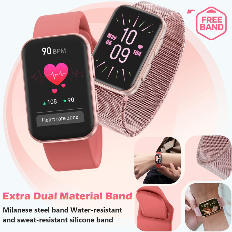 MorePro Health Fitness Tracker with Blood oxy-gen Monitor and 24/7 Heart Rate and Blood Pressure, Sleep Monitor, 120+ Sport Modes Waterproof Fitness Watch for Women Men Android iOS, Active Pink