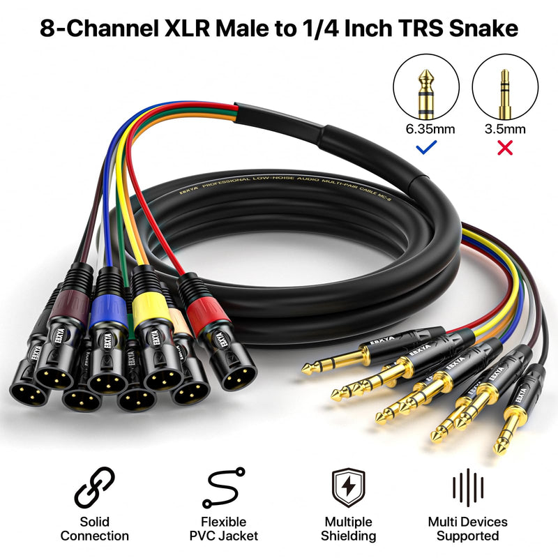 EBXYA 8 Channel 1/4 Inch TRS to XLR Snake Cables, 6.35mm Male Jack Stereo Audio Balanced Line to XLR Cables, 10 Feet 1 Pack 8-Channel 10 Feet TRS to XLR Male Black