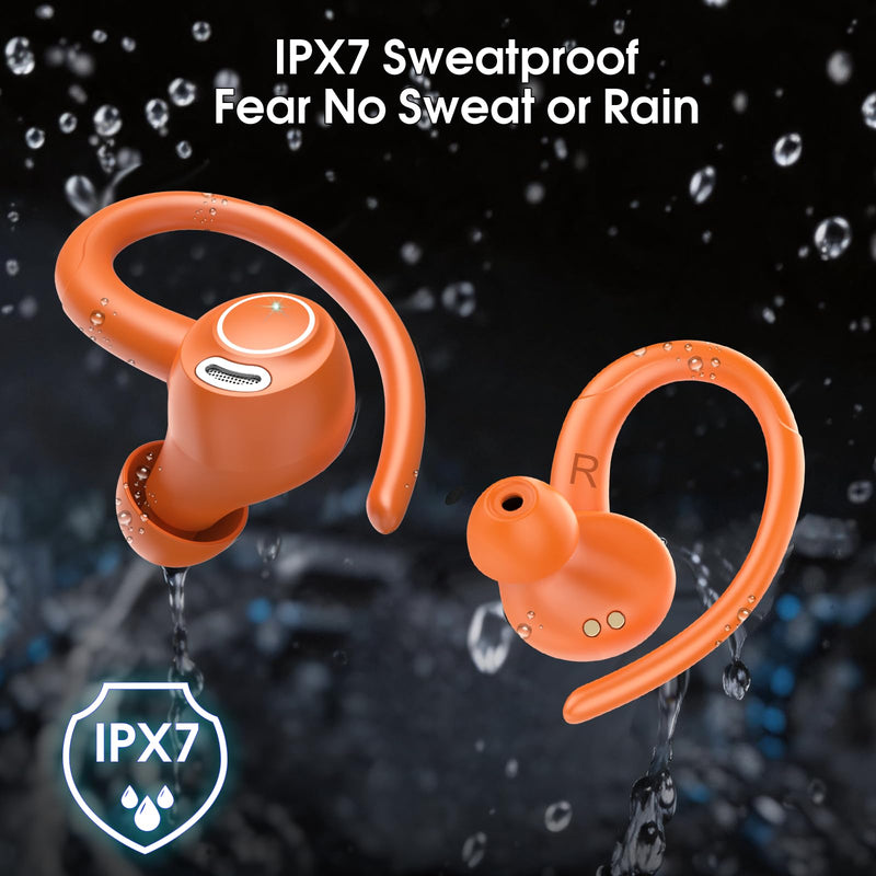 Wireless Earbuds with Earhook, 48H Deep Bass/ENC Mic Ear Bud Pumpkin Orange | Wireless Earphone with LED Display, Bluetooth 5.3 Headphones In Ear, IPX7 Waterproof Over Ear Buds for Running/Workout
