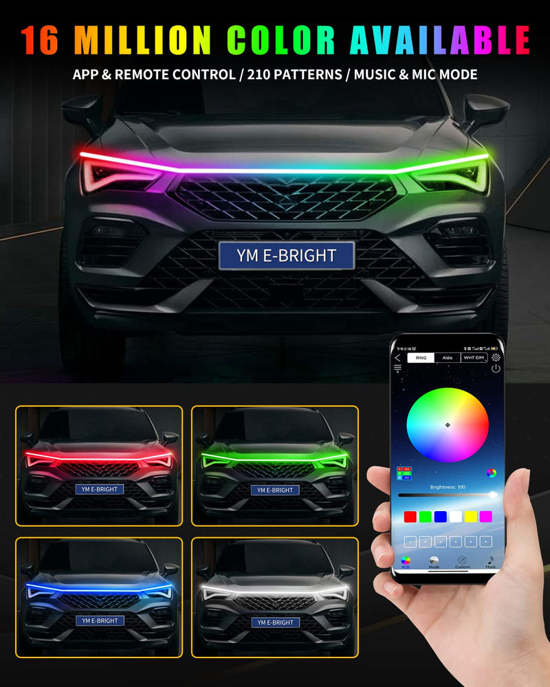 [AUSTRALIA] - RGB Hood Light Strip with Sequential Turn Signal Indicator Function Waterproof Multicolor Dynamic Scan Start Up Hoodbeam Kit for Cars, Truck, SUV, with APP Control, 12V 79inch/2M (1Set) Dynamic Multicolor 79 inches 