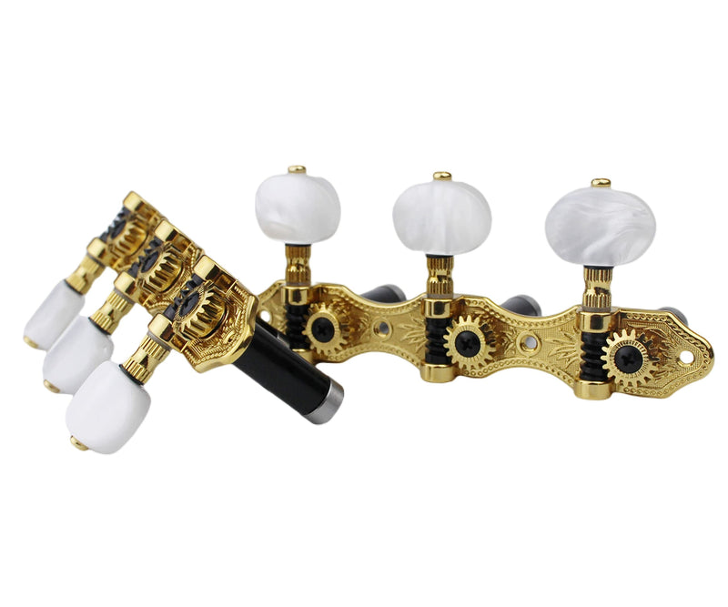 [AUSTRALIA] - Guyker Classical Guitar Tuners, 1:18 Ratio Open Frame Style Acoustic Guitar Tuning Keys Steel String Pegs Machine Heads 2 Planks (3+3) (Gold, Oval White Jade Button) 