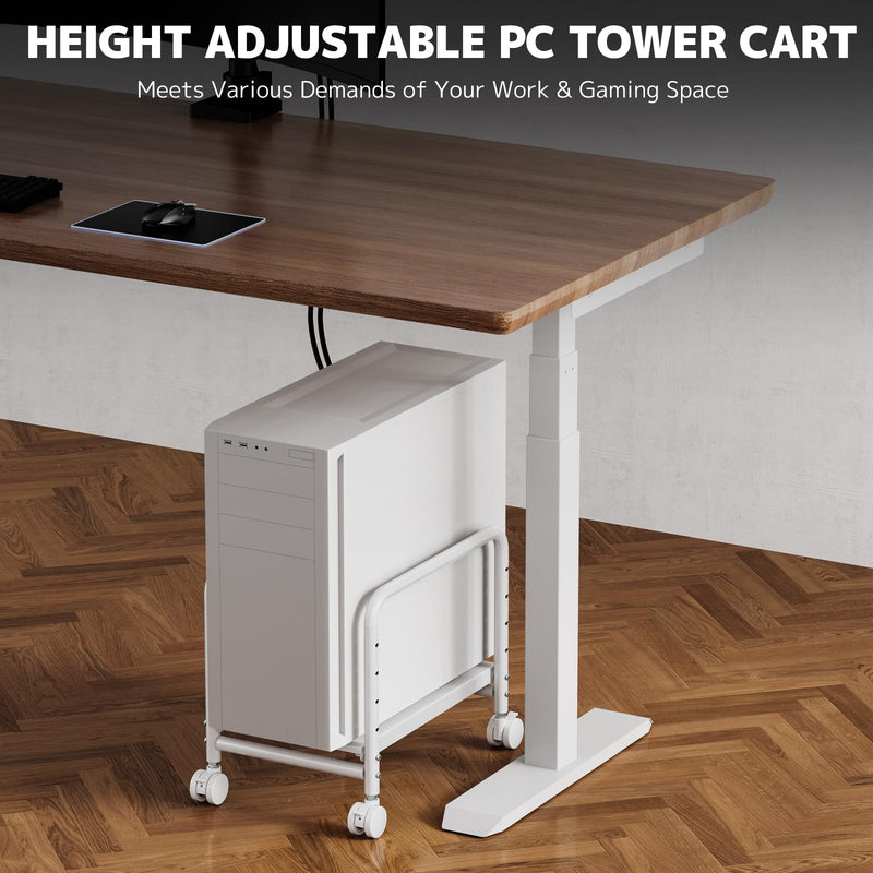 PUTORSEN Computer Tower Stand Under Desk for Most Mid-Tower, White | Height Adjustable PC Stand, Smooth 360° Locking Wheels, Easy to Assemble, Stable, Rolling CPU Holder, Max Load 66 lbs