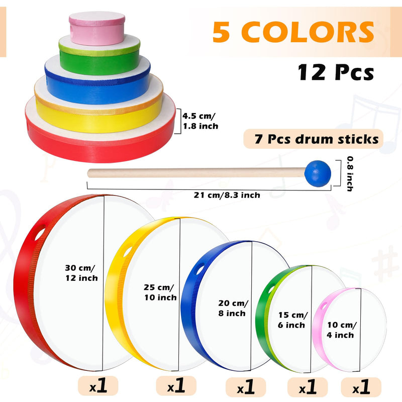 5 Pcs Kids Hand Drums Wood Frame Drum Set with Drum Stick 12 Inch 10 Inch 8 Inch 6 Inch 4 Inch Multicolor Percussion Musical Instruments for School Kids Adults Beginners Home Party Supplies