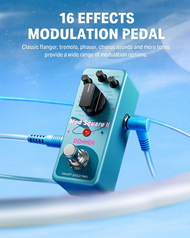 Donner Modulation Pedal - Mod Square Ⅱ for Electric Guitar Pedal Boards, 16 Effects Chorus Phaser Tremolo Flanger Rotary Vibrato Wah Lo-fi Detune 16 Modulation Modes, True Bypass Green Mod