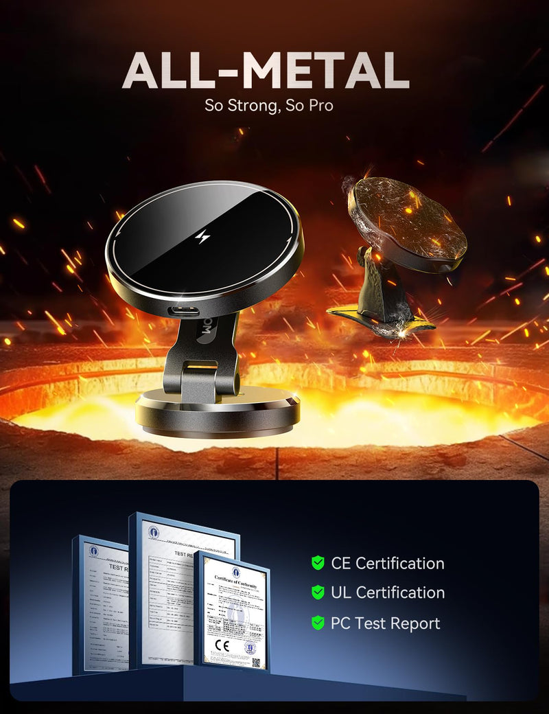 Metal MagSafe Car Mount Charger with 360° Rotatable Charging Panel & Base | 15W Fast Charging Magnetic Phone Holder, Strong Magnets Wireless Car Charger, Car Mount for iPhone 17 Pro Max 16 15 14 13 12 Black