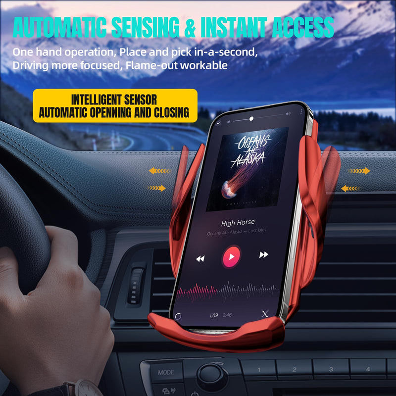 Wireless Car Charger, MAX 15W Fast Charging Auto Clamping, Sensing Phone Holder Mount, fit for iPhone 16 15 14 13 12 Pro Max Xs X, Samsung Galaxy S24 Ultra S23 S22 S21 S20 Note20 (4-Red) 4-Red