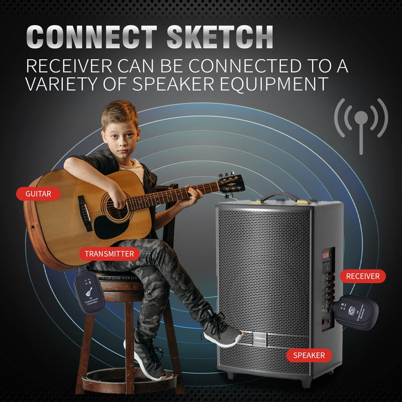 Wireless Guitar System - Transmitter Receiver with Built-in Rechargeable Battery, 4 Channels for Electric Guitar, Bass, Violin