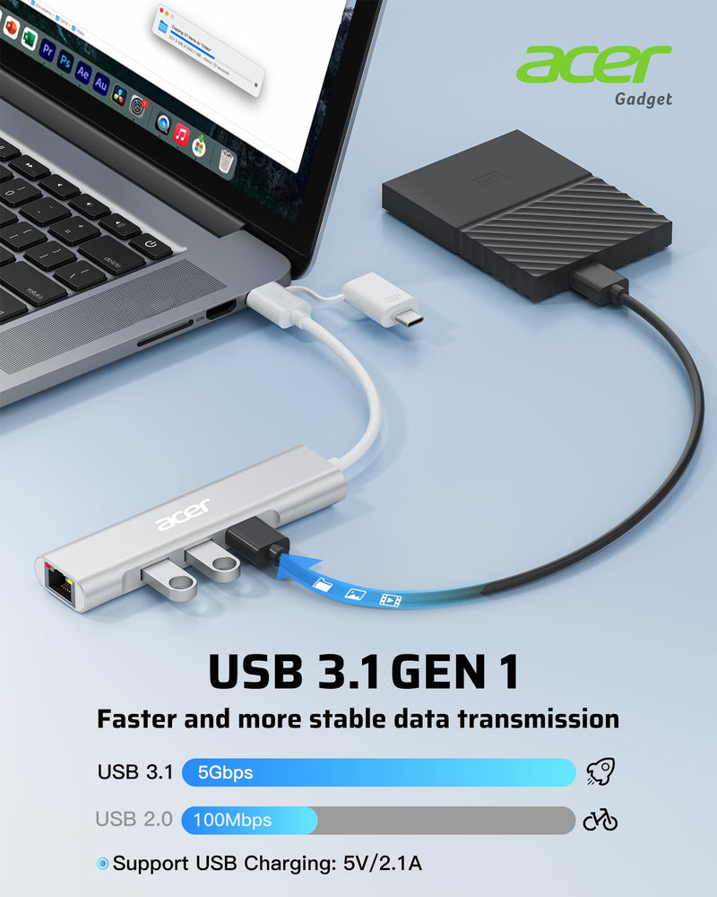 Acer USB C to Ethernet Adapter, 4-in-1 USB-A/C Hub with 3 USB-A 3.1 & 1Gbps RJ45 Networks, USB-C to LAN Adapter for MacBook Pro Air, Surface, Chromebook, Acer, Laptop, and More USB A+C