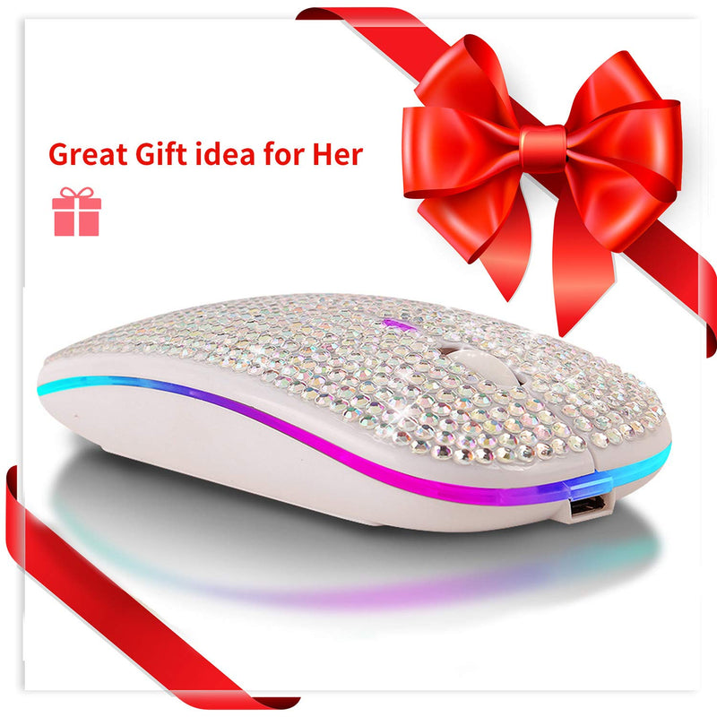 Attoe Bluetooth Mouse,Bling Dazzling 2.4GHz Rechargeable Wireless Mouse Slim Mouse with USB Receiver,Compatible with Notebook,PC,Laptop,Computer,MacBook,Great Gift idea for Her (White) White