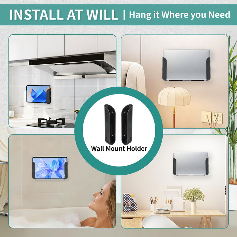 Under Desk Laptop Wall Mount Holder, Universal for MacBook, Surface Tablet Keyboard, with Screws Adhesive Strips Anti-Scratch Pads, Space Saving Under Desk Storage Shelf (Black) Black