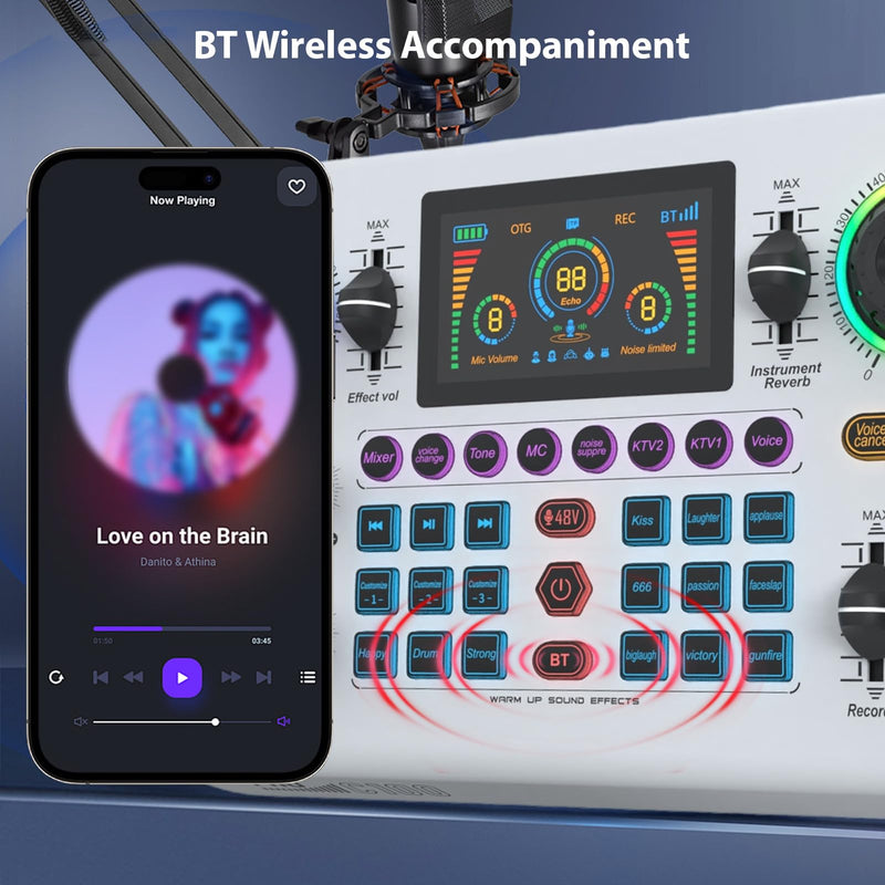 [AUSTRALIA] - Sound Board Audio Mixer 48V Phantom Power Live Sound Card RGB Light BT Wireless Plug and Play for Live Streaming Podcasting Recording Content Create Gaming Rechargeable 