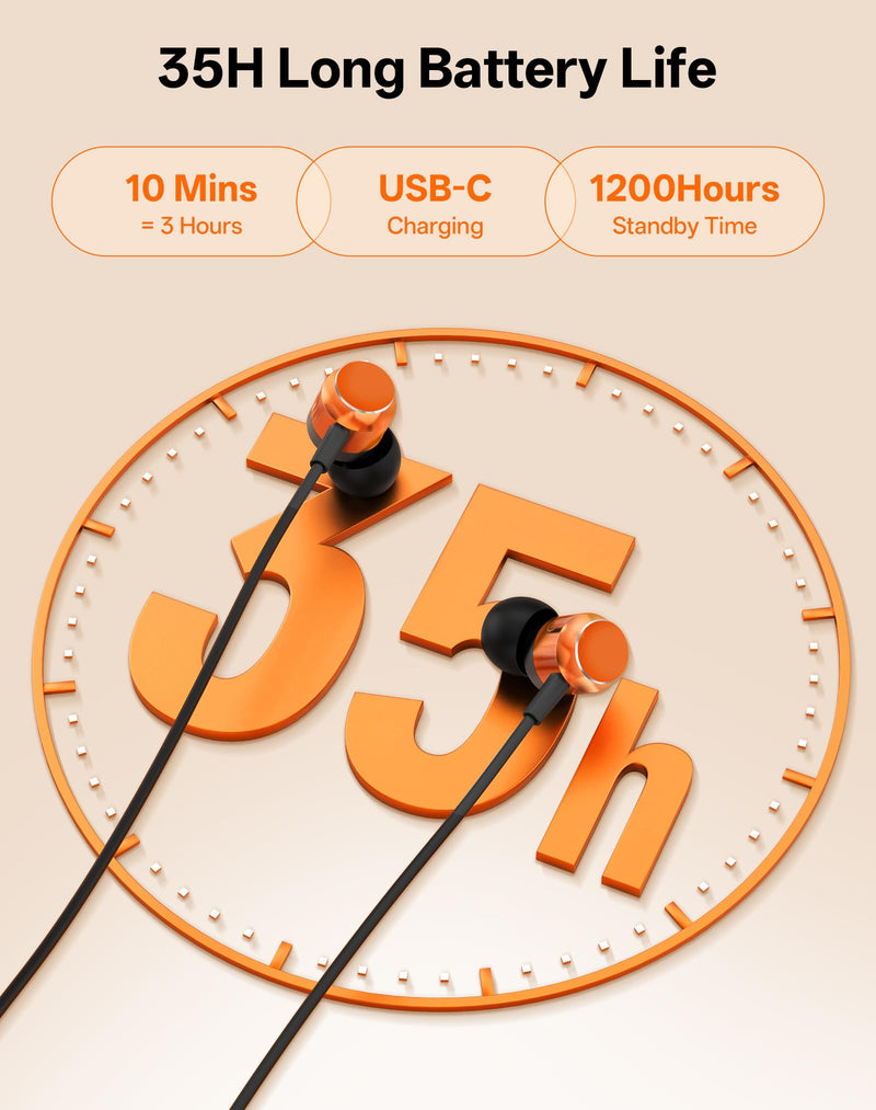 Neckband Bluetooth Headphones, Wireless Bluetooth 6.0 Earbuds with Microphone, Comfortably Light, Deep Bass Earphones 35H Playtime, IPX5 Waterproof, Magnetic Headset for Workout (Deep Orange) Deep Orange
