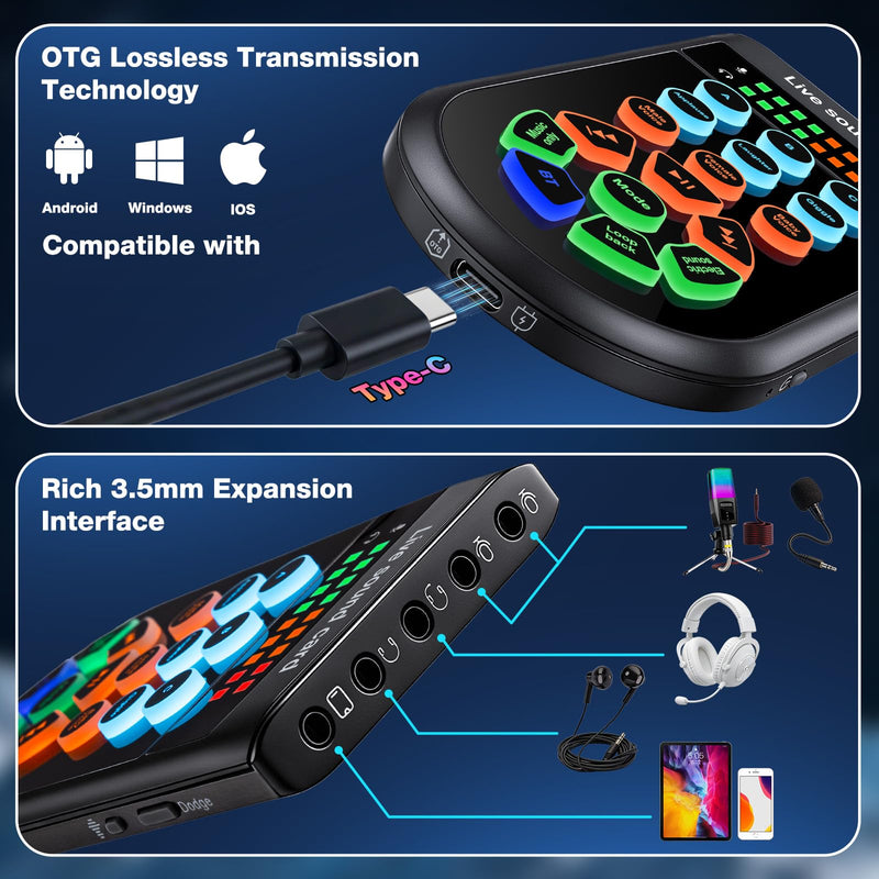 [AUSTRALIA] - M300 Small Handheld Sound Card Set for Singing & Live Streaming, Voice Changer with Reverb/Vocal Enhancement/Vocal Changer/Sound Effects, w/AUX/Type-C/Bluetooth in, Includes Condenser Mic & Headphones 