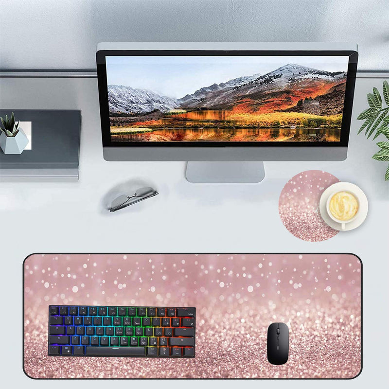 Extended Gaming Mouse Pad and Coaster, Large Non-Slip Rubber Base Mousepad with Stitched Edges, Waterproof Mouse Mat Desk Pad for Work, Game, Office, Home -Rose Gold Rainbow Glitter Ya-mousepad-5-33