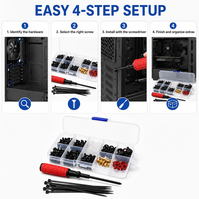 Computer Screws Assortment Kit with Screwdriver and Standoffs | Assorted PC screws, motherboard standoffs, and screwdriver for GPU, HDD, SSD, fan, PSU, and case repair