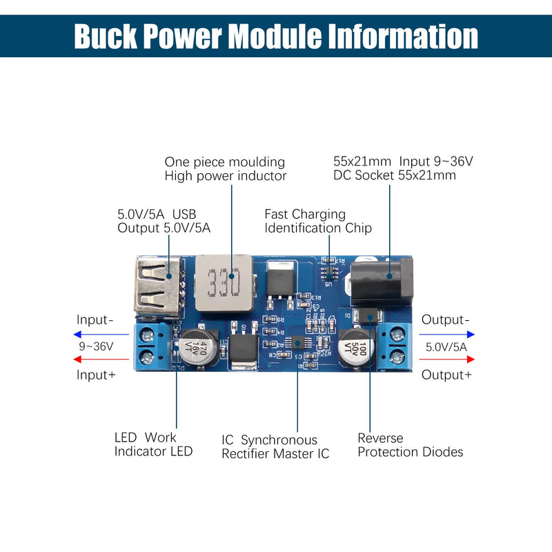 Step Down Converter Binghe Pack of 2 DC-DC 24V/12V to 5V 5A Step Down Power Supply Buck Converter with USB Port Step-Down Converter Module with Fast Charge Recognition Chip Compatible with Arduino