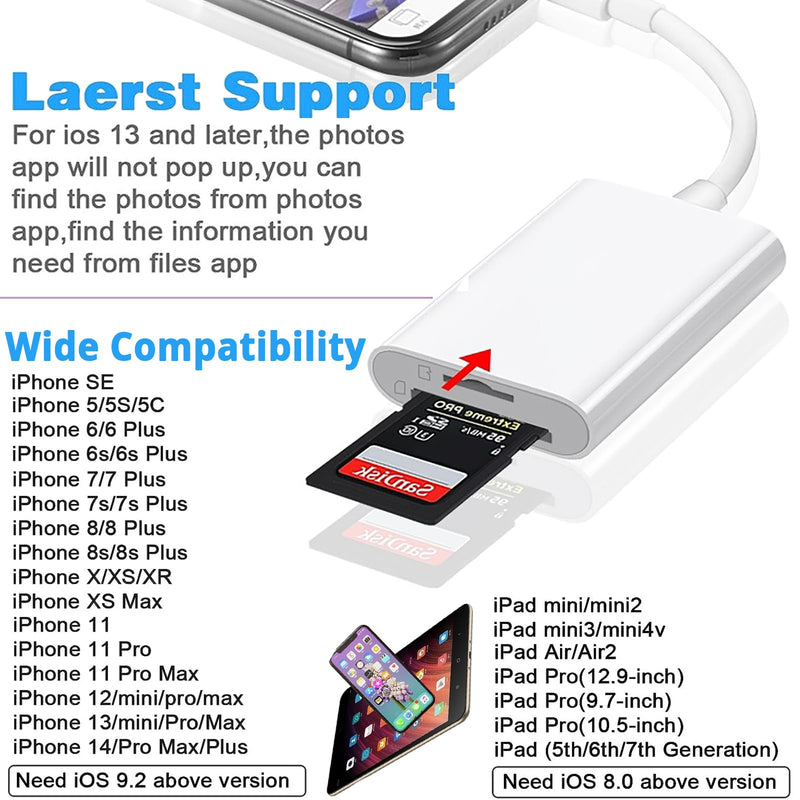 (Apple MFi Certified) Lightning to SD Card Camera Reader for iPhone iPad, 2 in 1 Dual Card Slot Supports SD and TF Card, Portable Sd Card Adapter, Plug and Play 2 Slot