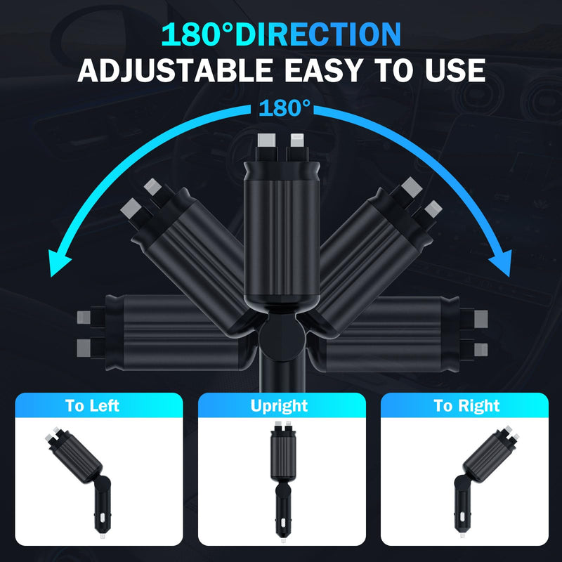 Car Charger with Starlight, 66W USB C Car Charger Adapter, 4 in 1 Retractable Car Charger with 2 USB Ports Car Phone Charger, Fast Car Charger for iPhone16/15/14/13/12/11 and for Android (Black) Black