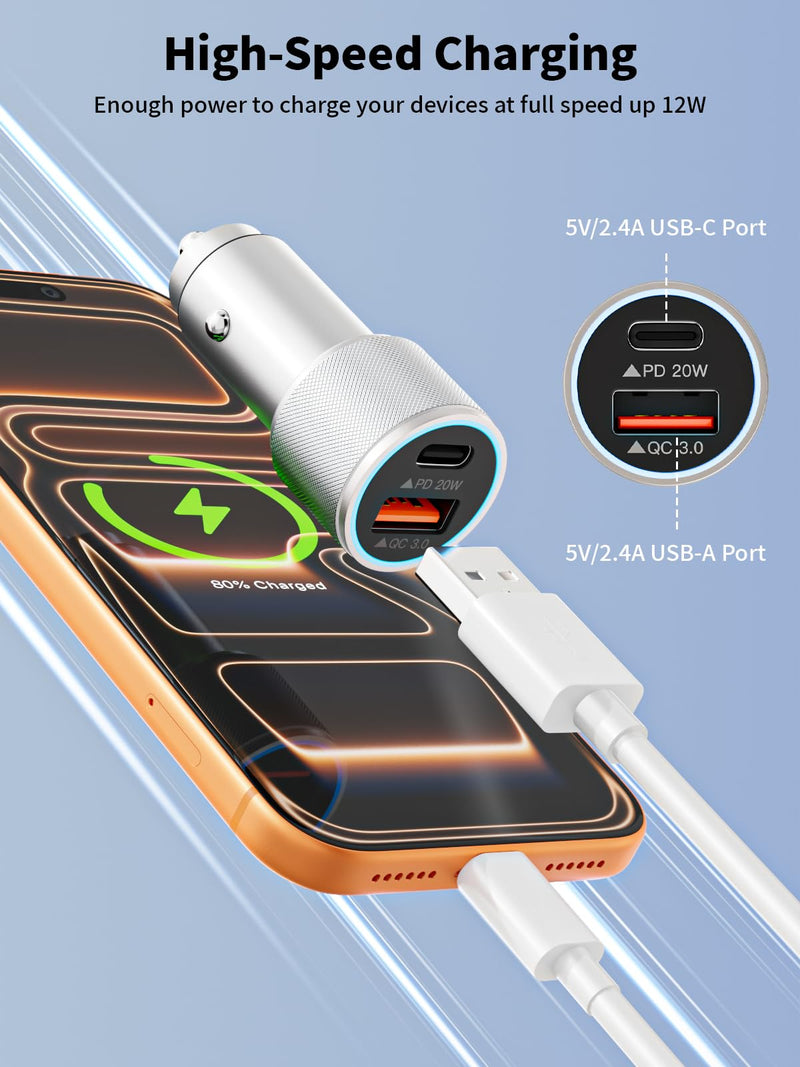 iPhone 17/16/15 Car Charger Fast Charging 2-Port Cigarette Lighter USB Charger,Dual USBA and USB C Car Adapter 2Pack Compatible with iPhone 17e/17 Pro/Air/16e/16 Plus/15 Pro Max,iPad mini/Air,Airpods