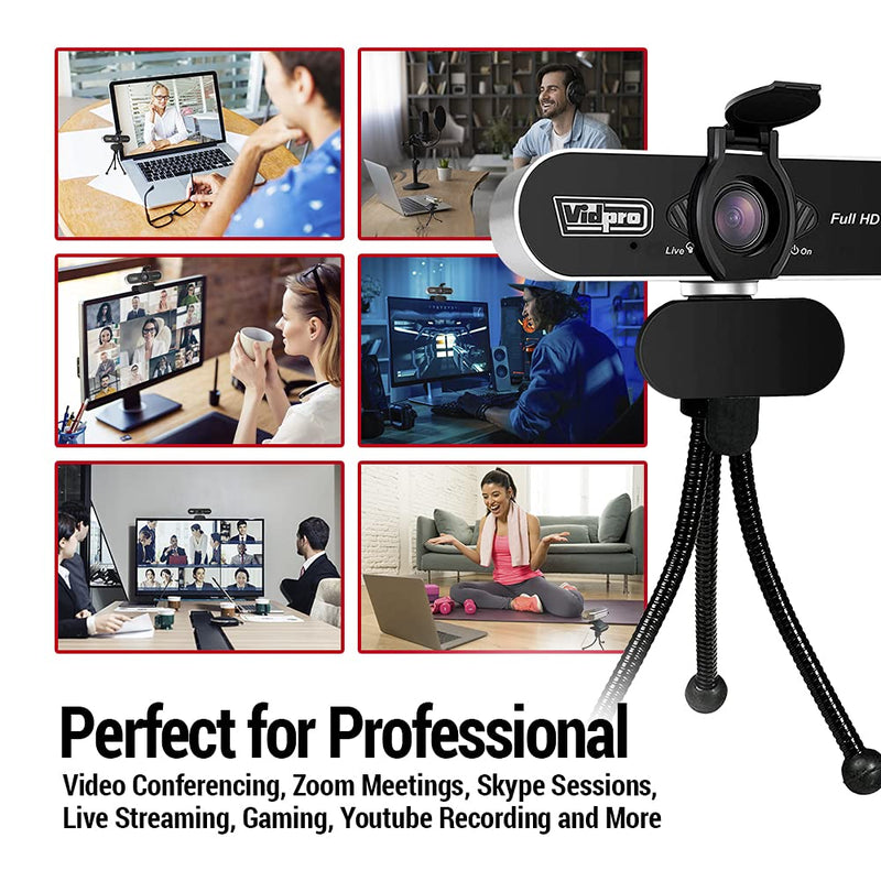 Vidpro CM-HD 1080P Full HD Webcam with Built-in Microphone and Mini Tripod - Plug and Play 85-Degree FOV USB Webcam with Noise Canceling Filter Perfect for Video Calls Meetings Live Streaming Gaming