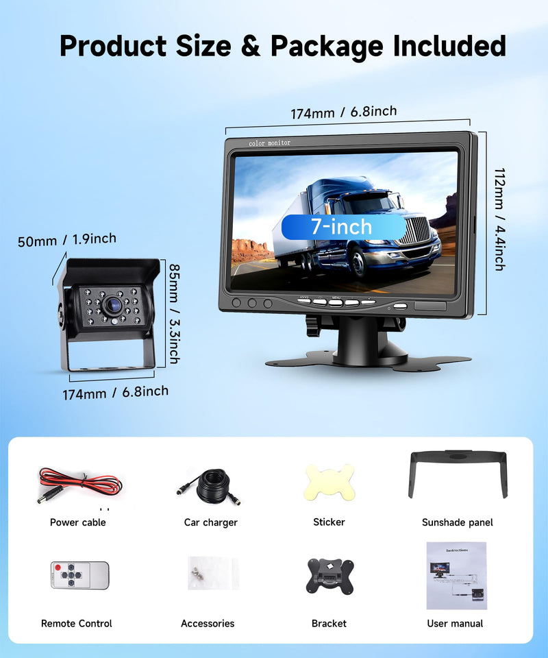 Backup Camera Kit with 7-Inch LCD Monitor, Upriding IP68 Waterproof 18IR Night Vision Rear View Camera for Trailer RV Camper Truck Pickup Bus, +32ft Extension Cable, DIY Guidelines(12V-24V)