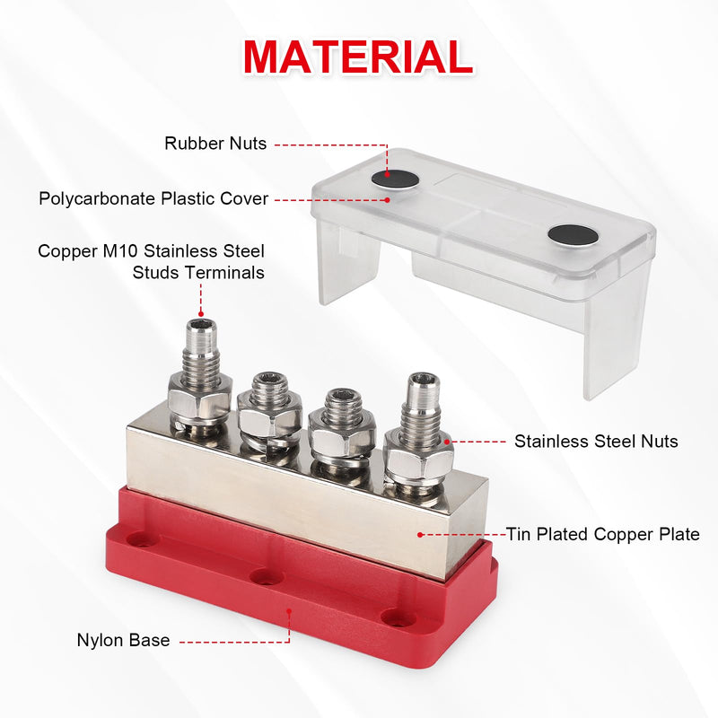 600A Power Distribution Block with Cover 4 x 3/8" (M10) Studs Bus Bar Terminal Block Max 48V for Automotive Car Boat (Red) 600A 4 x 3/8"(M10) Studs-Red