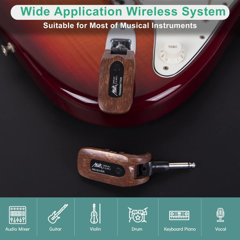 AKLOT Wireless Guitar System Transmitter Receiver Set 2.4GHz Built-in Rechargeable Lithium Battery Digital for Electric Guitar Bass Dark Brown