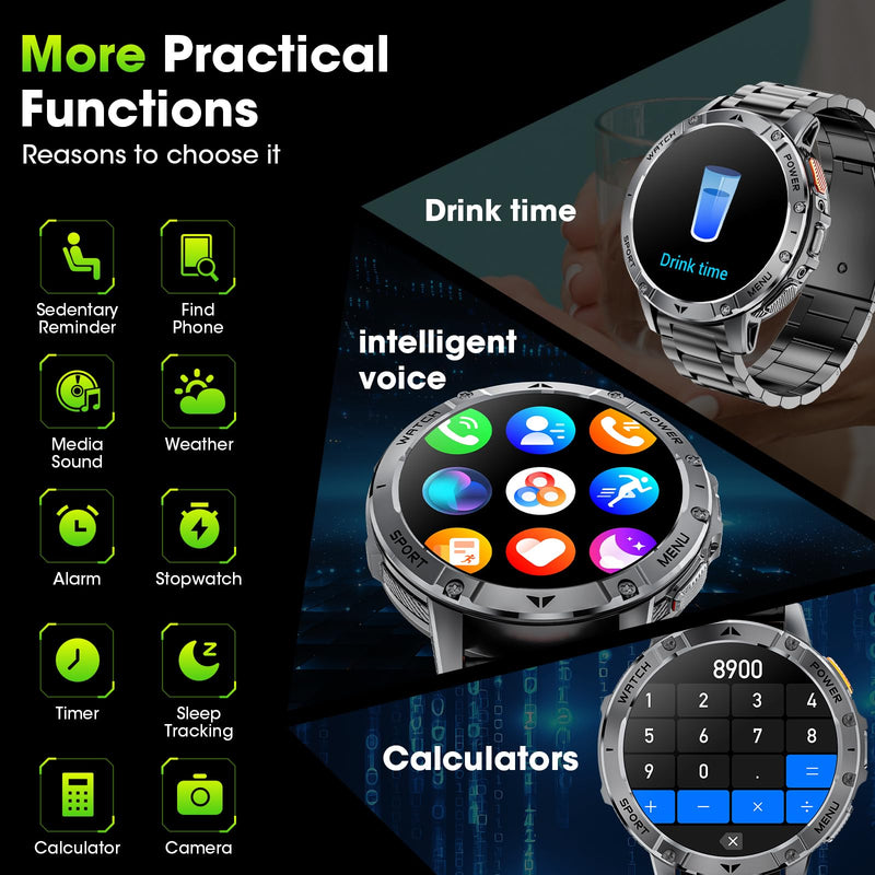 Military Smart Watches for Men, 1.7" HD Smart Watch with Two Flashlights/1400mAh/110+ Sports Modes Fitness Tracker Watch, Waterproof Mens Smart Watch for Android Phones iPhone Compatible(2 Strap) Darkness