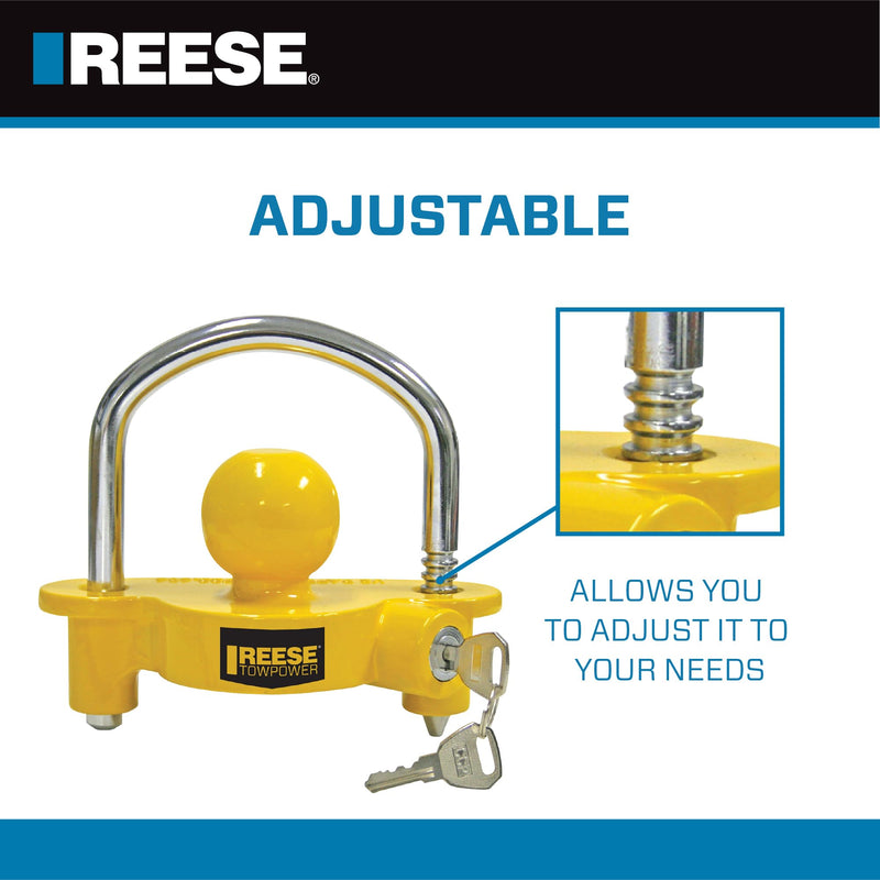 [AUSTRALIA] - REESE Towpower 72783 Coupler Lock, Adjustable Storage Security, Heavy-Duty Steel, Yellow and Chrome ( Universal Fit) 1-7/8" Universal Trailer Coupler Lock 
