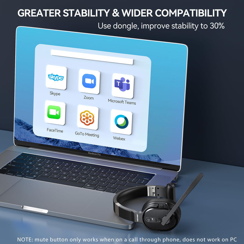 TECKNET Trucker Bluetooth Headset, Stable V5.2 & USB Dongle Connection, 70h Wireless Bluetooth Headsets with Mic and Mute, ENC Noise Canceling, Headset for Truck Drivers, Cell Phone, PC Comfort Office Black - Non removable