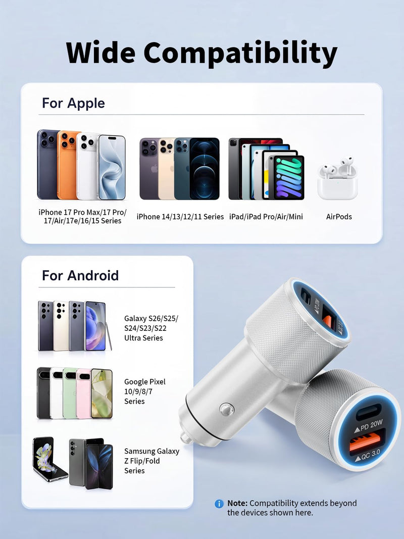 iPhone 17/16/15 Car Charger Fast Charging 2-Port Cigarette Lighter USB Charger,Dual USBA and USB C Car Adapter 2Pack Compatible with iPhone 17e/17 Pro/Air/16e/16 Plus/15 Pro Max,iPad mini/Air,Airpods