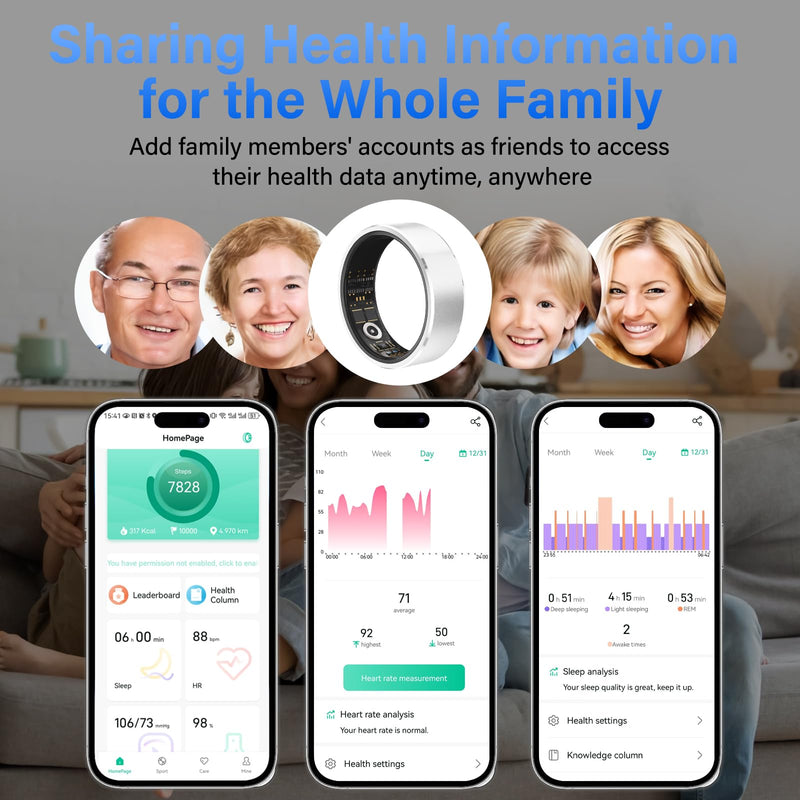 Smart Ring Fitness Tracker Ring for Men and Women - Health Heart Rate Ring with Activity Tracker, Sleep Monitor and Oximeter, No Subscription Fee, Remote Photography, IP68 Waterproof (Silver, 12#)