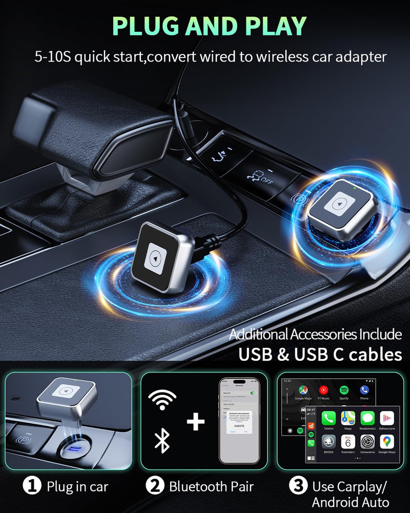 Wireless CarPlay & Android Auto Adapter 1-Inch (2.54cm) - Discreet Plug & Play, Stable Connection for Music/Navigation, Works with iPhone iOS 10+ & Android 11+,for 98% of Cars (2016-2025) (Silver) Silver