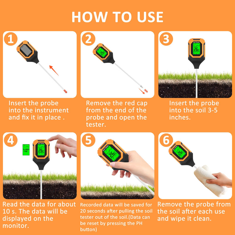 [AUSTRALIA] - 4-in-1 Soil Moisture Meter Digital PH Meter/Soil Moisture/Plant Temperature/Sunlight Intensity, Backlight LCD Display, Soil Test Meter for Garden, Lawn, Plant Care, Farm and Indoor Outdoor Plants 