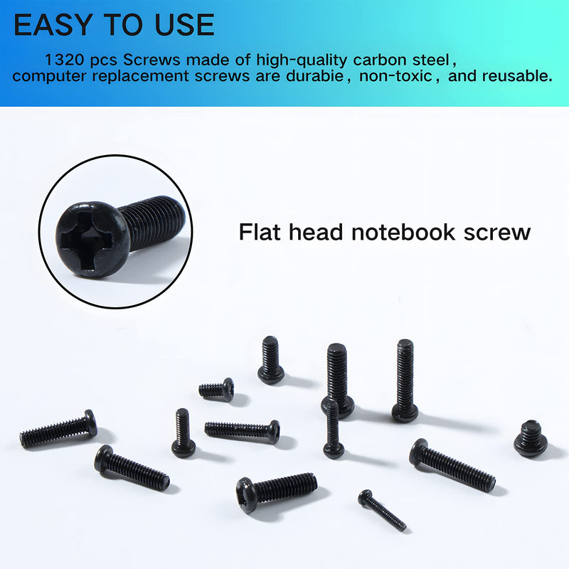 1320Pcs Black Laptop Screws Kit,Notebook Tiny Computer Replacement Electronic Screws,Pan Head Small Machine Screws for Laptop,Watches,Clocks,Mobile Phone