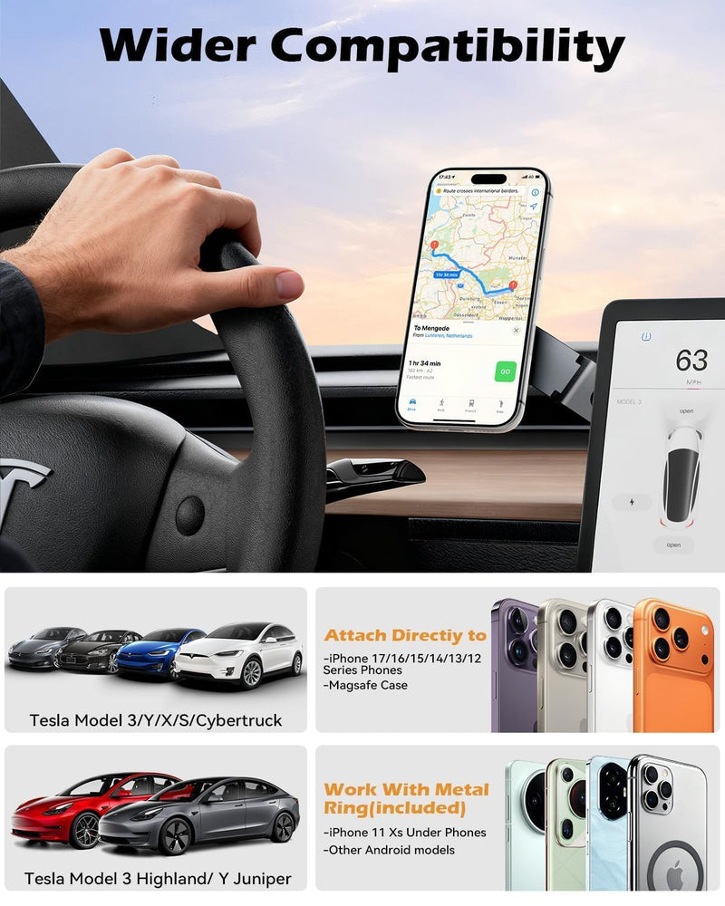 Tesla Model 3/Y Phone Mount, Magnetic Car Metal Holder with Strong Magnet | 【Foldable & Extendable Hidden Design】Tesla Screen Stand for 3/Y/S/X/Cybertruck, Designed for MagSafe iPhone