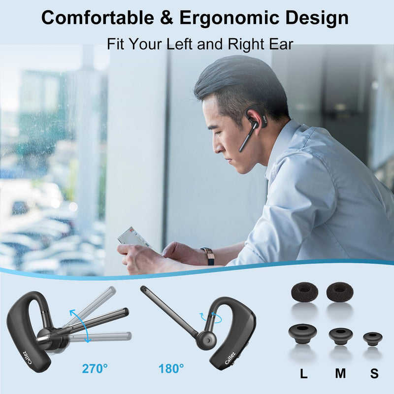 Callez Bluetooth Headset V5.0, Bluetooth Earpiece with CVC8.0 Dual Mic Noise Cancelling Wireless Headset for iPhone Android Cell Phone Trucker Business Office Work, Clear Chat Black