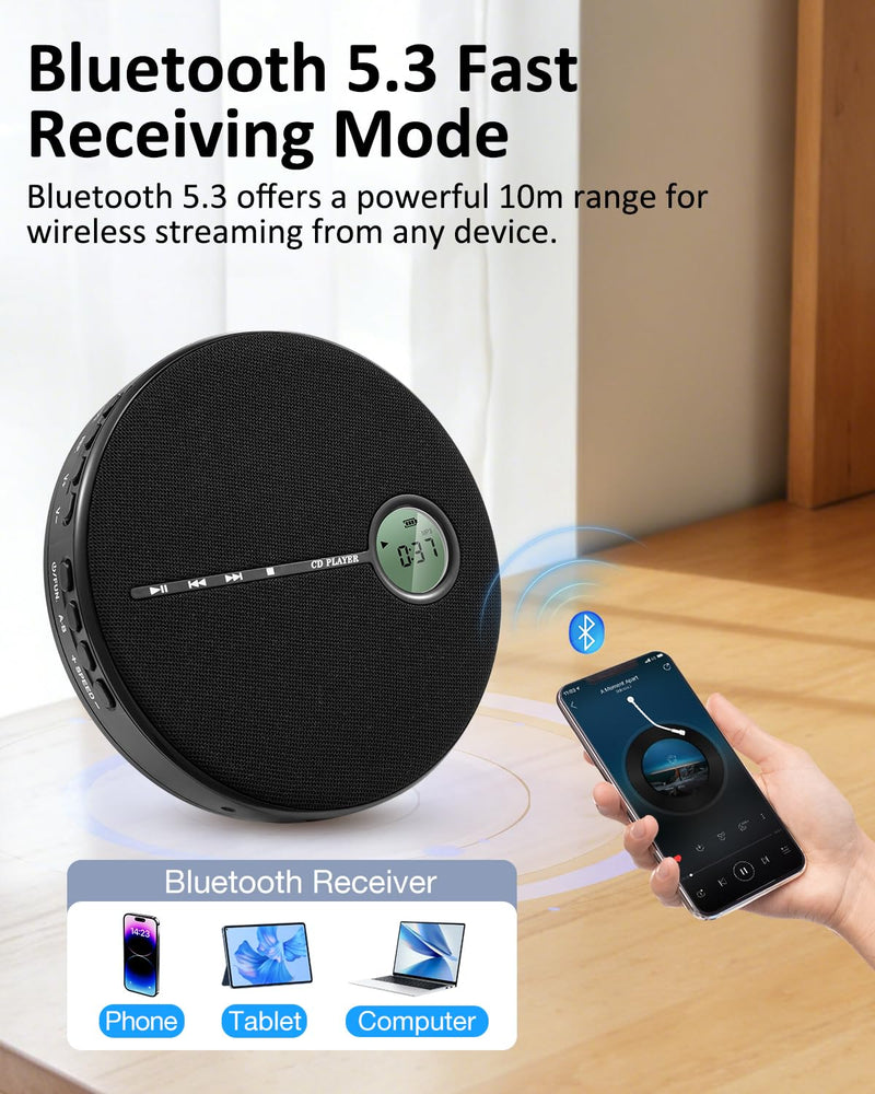 Gelielim Portable CD Player Bluetooth, Personal Discman CD Player for Car & Home,Small Fabric Music Player with Anti-Skip Protection, A-B Repeat,10 Speeds,Stereo Speakers,Supports CD/AUX/USB, Black