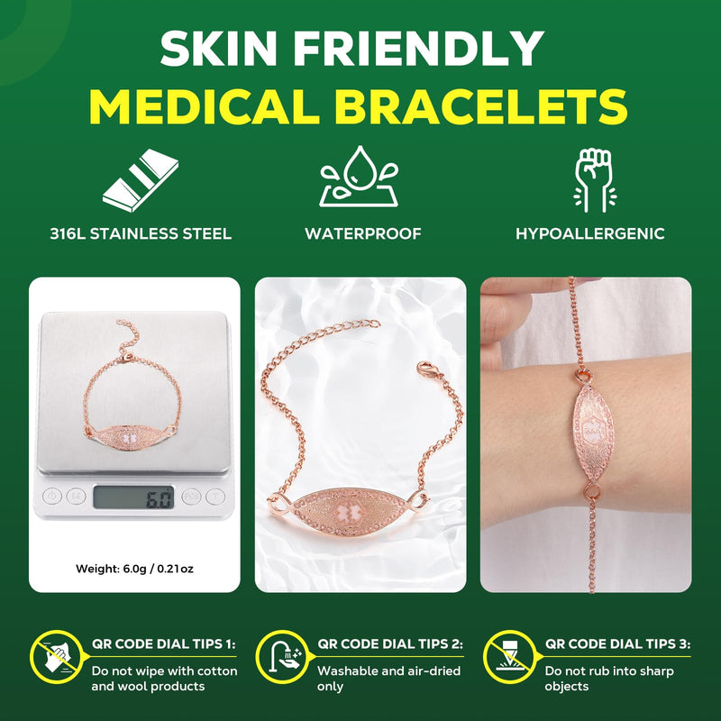 Upgraded Medical Bracelets Men Women with QR Code Medical Alert ID Bracelets - Titanium Steel Wristband Fits Wrists Up 8''-10'' - More Space Custom Emergency Med ID Info 7~8.85‘’ Cable Chain - Rose Gold