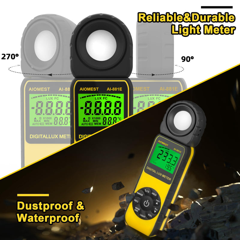 AIOMEST AI-881E Digital Light Meter, Handheld Foot Candle Meter for 0.1~300,000 Lux, Light Meter for LED Plant Grow Light, Indoor Outdoor Lights, Par Meter with 270°Rotatable Detector AI-881E (0.1~300,000Lux)