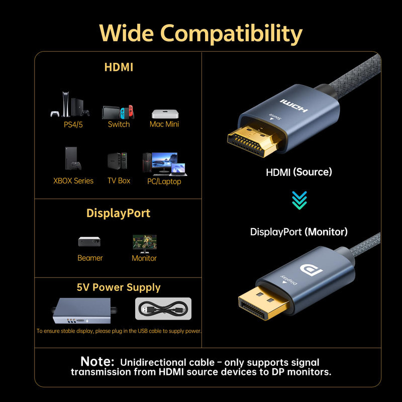 4K@120Hz Active HDMI to DisplayPort Cable 6.6FT | Supports 8K@60Hz 2K@240Hz, HDR, VRR, 10Bit, HDCP Compatible: PS5, Xbox, Switch Dock, PC, Laptop. 6.6 Feet