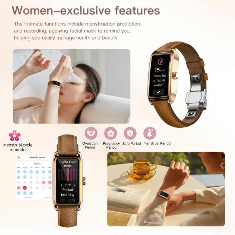 Amoled Laies Smart Watch for Women Smartwatch with Leather Strap Heart Rate Stress Sleep Monitor 12 Sports Modes Fitness Tracker Watch Notifications Music & Camera Control Waterproof iOS Android Blue & Gold