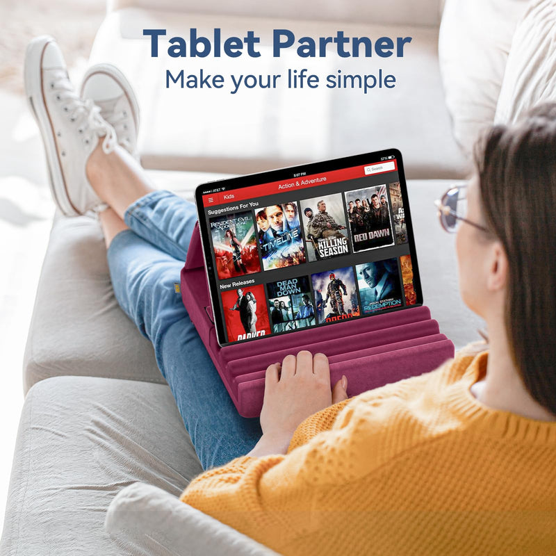 KDD Tablet Pillow Holder, Foldable iPad Stand for Lap, Bed and Desk -Tablet Soft Pad Dock with Pocket & Stylus Mount Compatible with iPad Pro 12.9, 10.5, 9.7 Air Mini 6 5 4 3, Galaxy Tab, E-Reader Purple