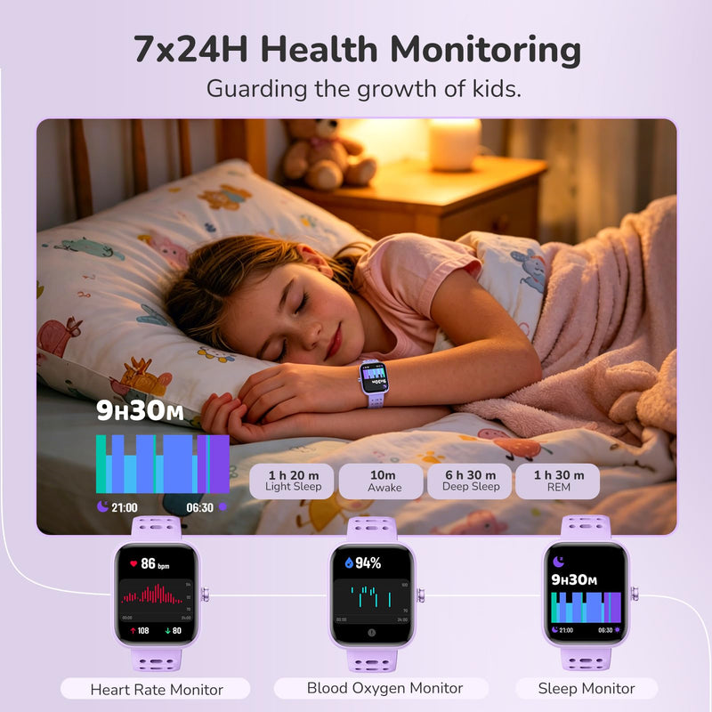 ENOMIR Kids Smart Watch for Girls, Health Monitor,Pedometer Watch for Kids | Smart Watch for Kids with Puzzle Games, Sleep/Heart Rate//SpO2 Monitor, Activities Track,Alarm Reminders,Gifts for Girls 5-16 Purple 2 Straps