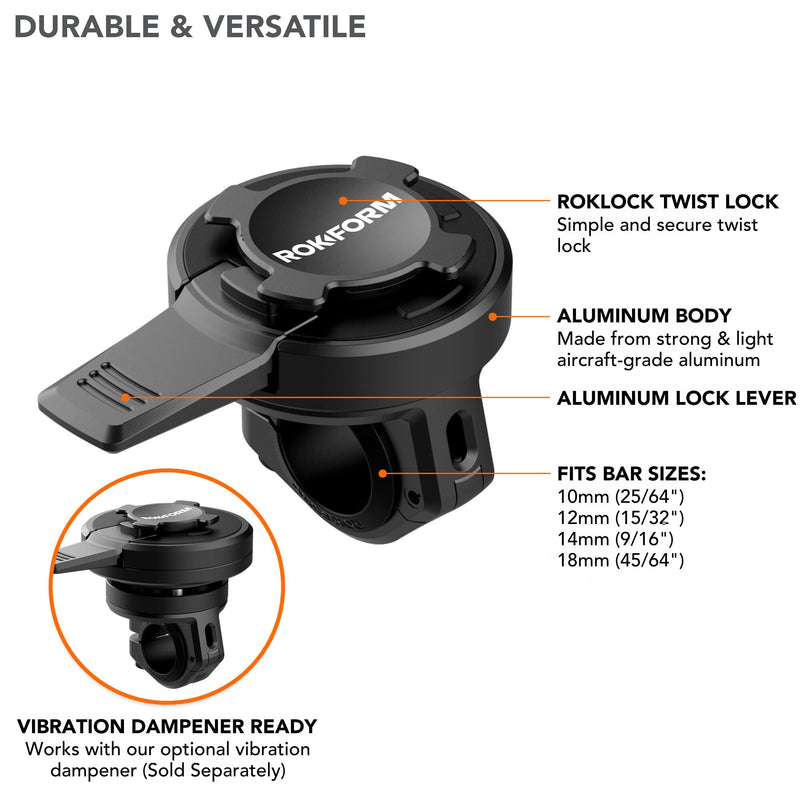 Rokform - Small Bar Mount, Scooter Mirror Mount, for 10mm - 16mm Handlebars, Designed Twist Lock iPhone, Galaxy, Pixel Cases or Universal Adapter (Black) Black