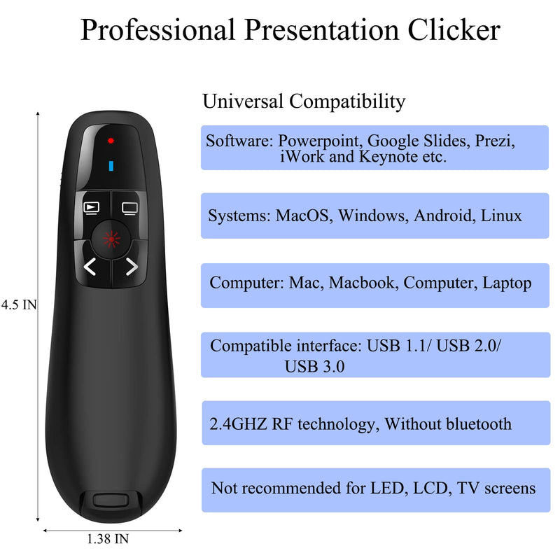 Wireless PowerPoint Remote Presentation Clicker: Battery Operated Presenter PPT Slide Advancer with Red Pointer | 100Ft Control Range | Plug & Play via USB | Ergonomic Design - Universal Compatibility USB-1 Pack