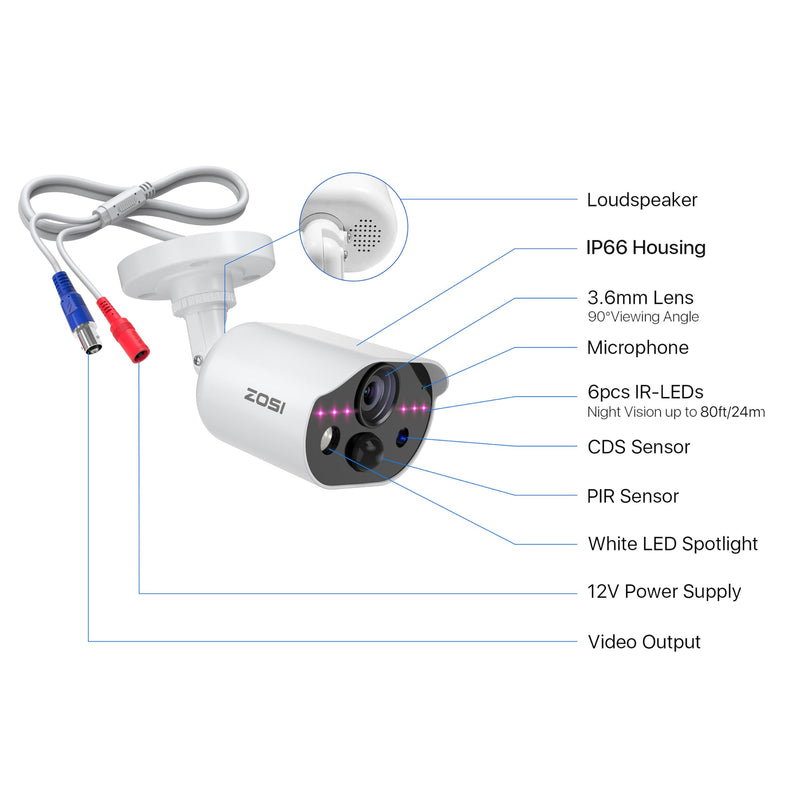 ZOSI 1080P HD-TVI Security Camera with Audio, 2MP 1920TVL Indoor Outdoor Surveillance Home Camera, Night Vision, PIR Motion Detection, IP66 Weatherproof, Only Work with ZOSI 3K Lite CCTV DVR Wired-1Cam